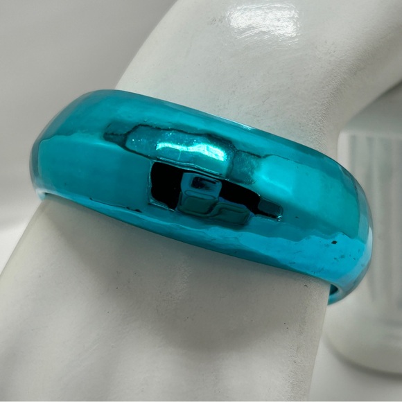 unmarked Jewelry - Vintage Blue Metallic Asymmetrical Shiny Bangle Bracelet, Acrylic, 1980’s